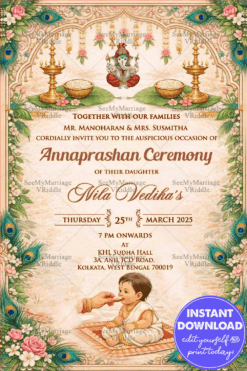 Peacock Elegance Annaprashan Invitation with Floral Arch, Traditional Lamps and Soft Pastel Background
