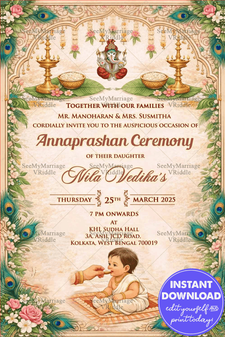 Peacock Elegance Annaprashan Invitation with Floral Arch, Traditional Lamps and Soft Pastel Background