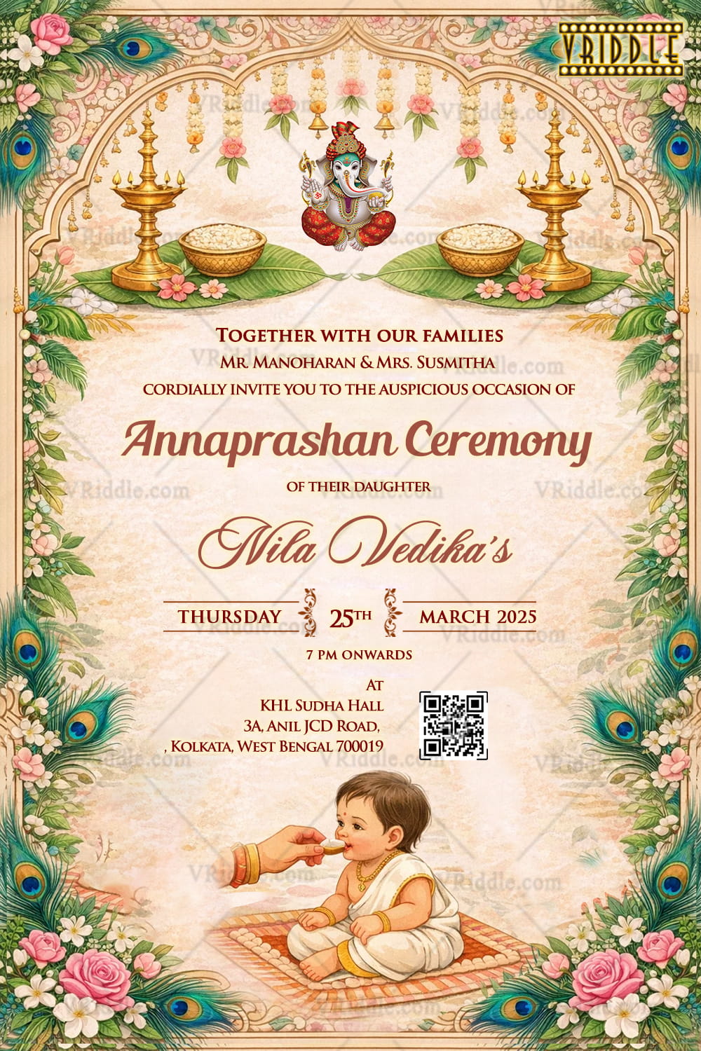 Peacock Elegance Annaprashan Invitation with Floral Arch, Traditional Lamps and Soft Pastel Background