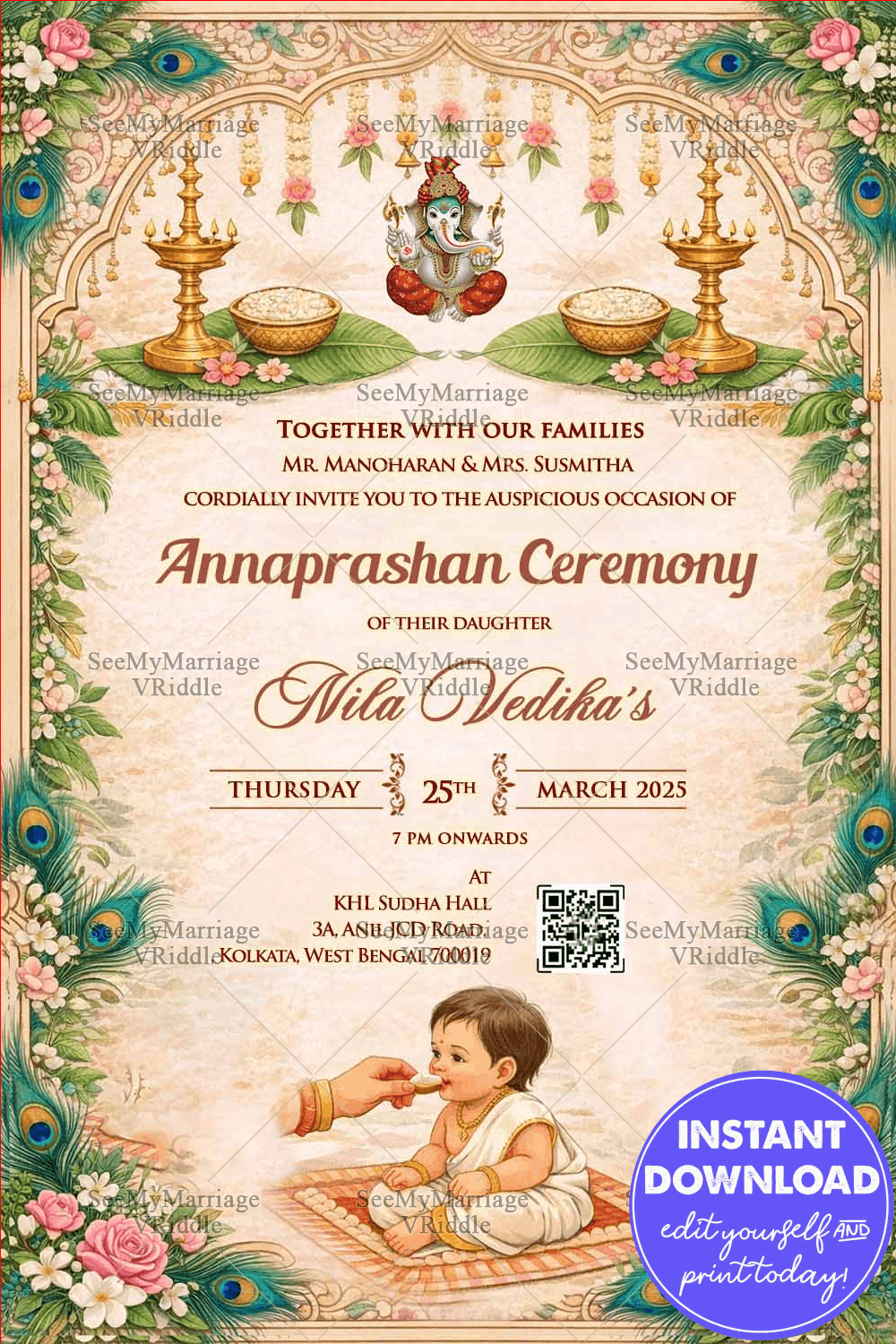Peacock Elegance Annaprashan Invitation with Floral Arch, Traditional Lamps and Soft Pastel Background