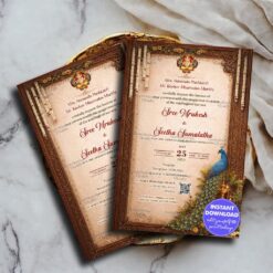 Peacock Wedding Invitation with Ornate Wooden Frame, Ganesha Blessings & Traditional Brass Lamps