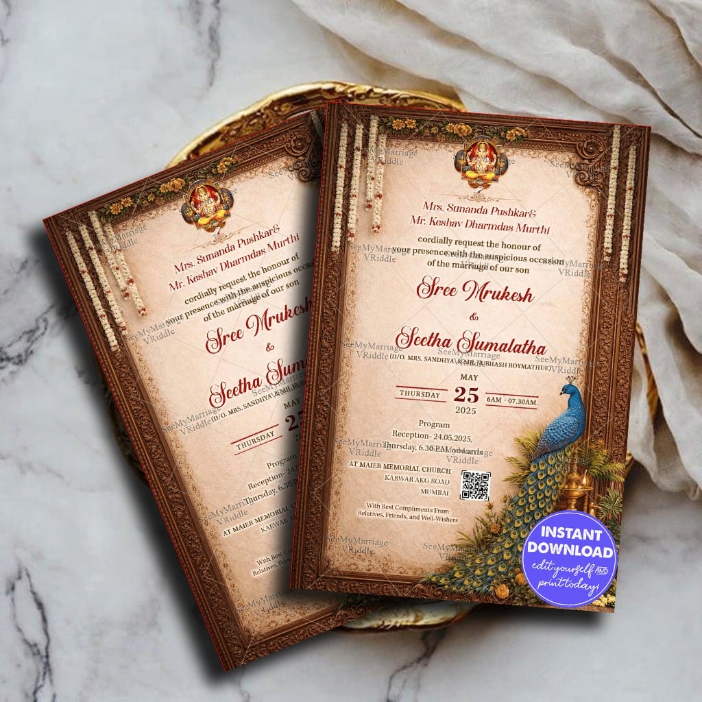 Peacock Wedding Invitation with Ornate Wooden Frame, Ganesha Blessings & Traditional Brass Lamps