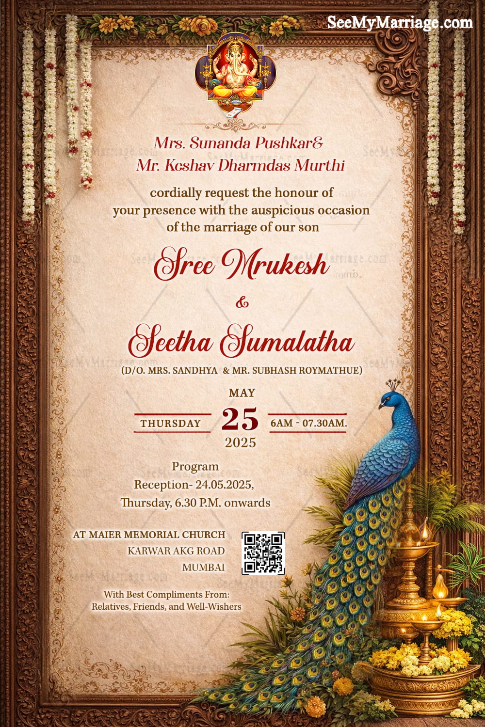 Peacock Wedding Invitation with Ornate Wooden Frame, Ganesha Blessings & Traditional Brass Lamps