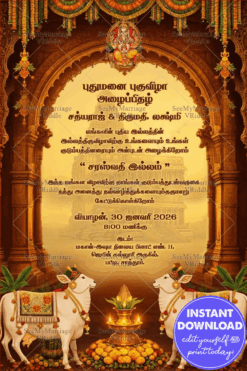 Pichawali Cows Tamil Housewarming Invitation Card with Ornate Temple Arch, Sacred Kalash and Traditional
