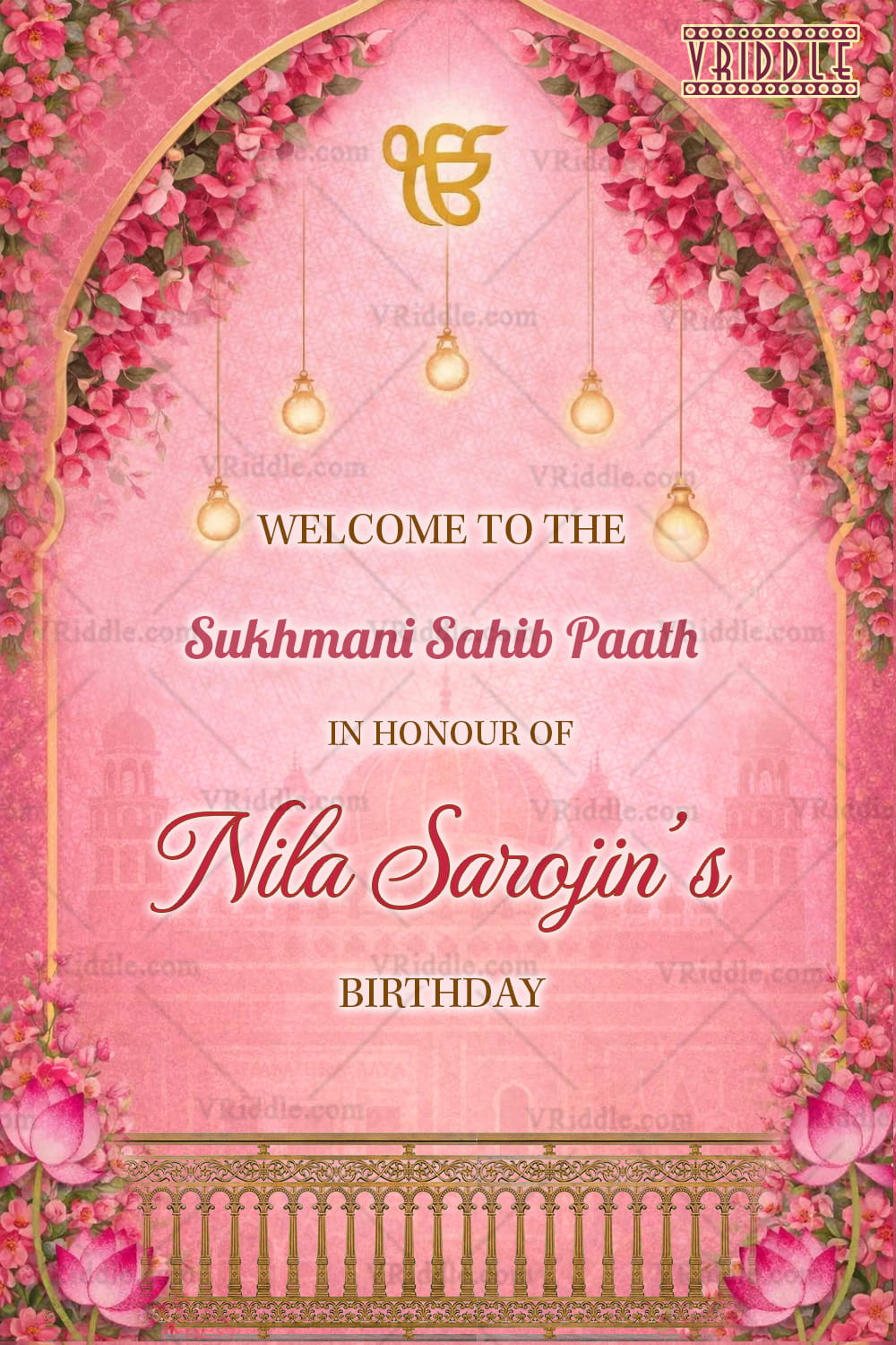 Pink Floral Sukhmani Sahib Paath Banner with Ik Onkar Symbol, Golden Arch Frame, Hanging Diyas and Lotus Accent