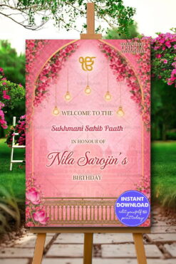 Pink Floral Sukhmani Sahib Paath Banner with Ik Onkar Symbol, Golden Arch Frame, Hanging Diyas and Lotus Accents