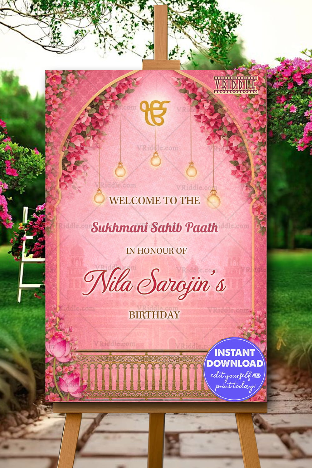 Pink Floral Sukhmani Sahib Paath Banner with Ik Onkar Symbol, Golden Arch Frame, Hanging Diyas and Lotus Accent