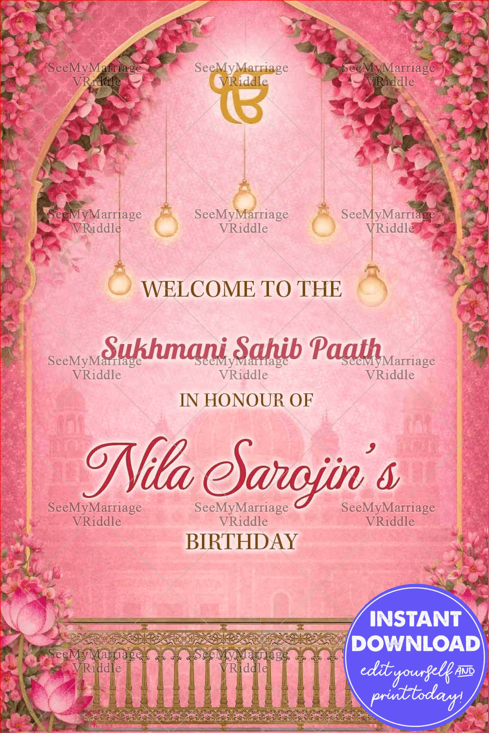 Pink Floral Sukhmani Sahib Paath Banner with Ik Onkar Symbol, Golden Arch Frame, Hanging Diyas and Lotus Accent