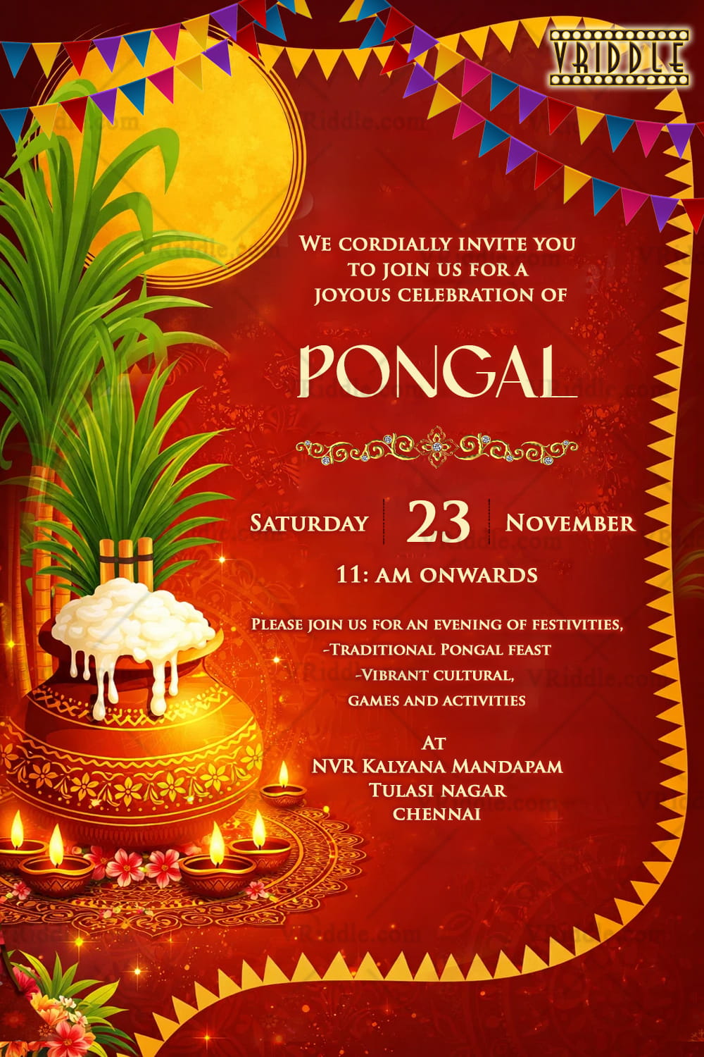 Pongal Invitation Card with Rich Red Festive Background, Boiling Pongal Pot, Sugarcane Motifs and Colorful Buntings