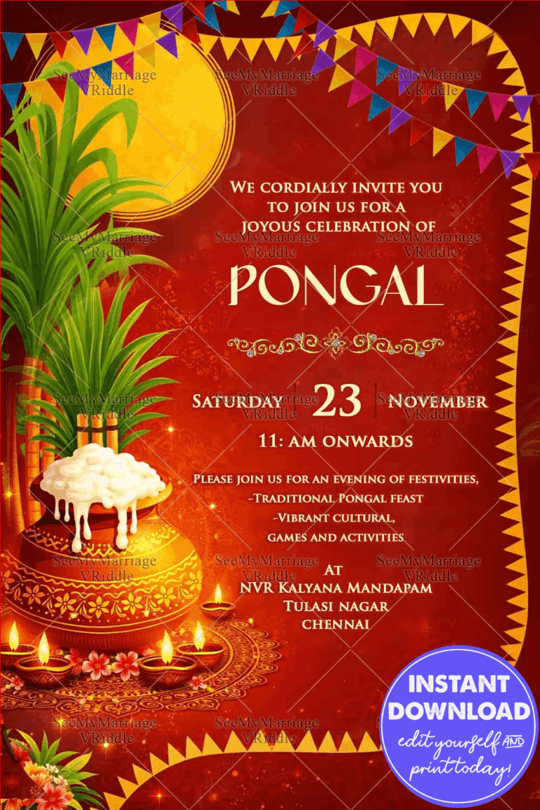 Pongal Invitation Card with Rich Red Festive Background, Boiling Pongal Pot, Sugarcane Motifs and Colorful Buntings