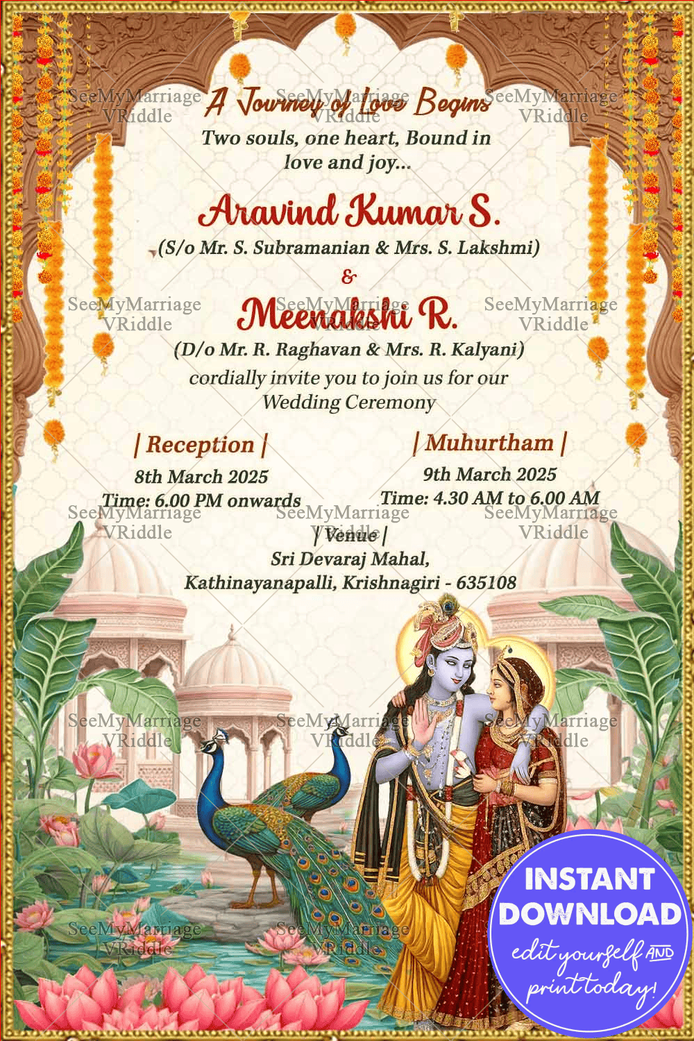 Radha-Krishna Wedding Invitation with Royal Palace and Ornate Arch, Marigold Garlands, Peacock Garden & Divine Illustration