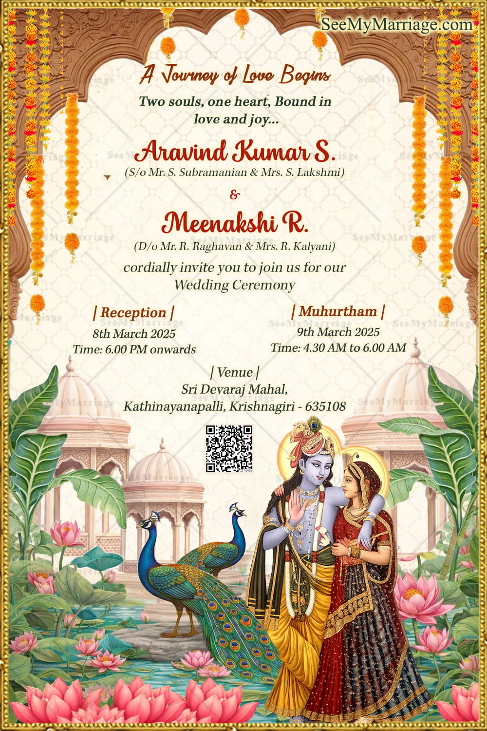 Radha-Krishna Wedding Invitation with Royal Palace and Ornate Arch, Marigold Garlands, Peacock Garden & Divine Illustration
