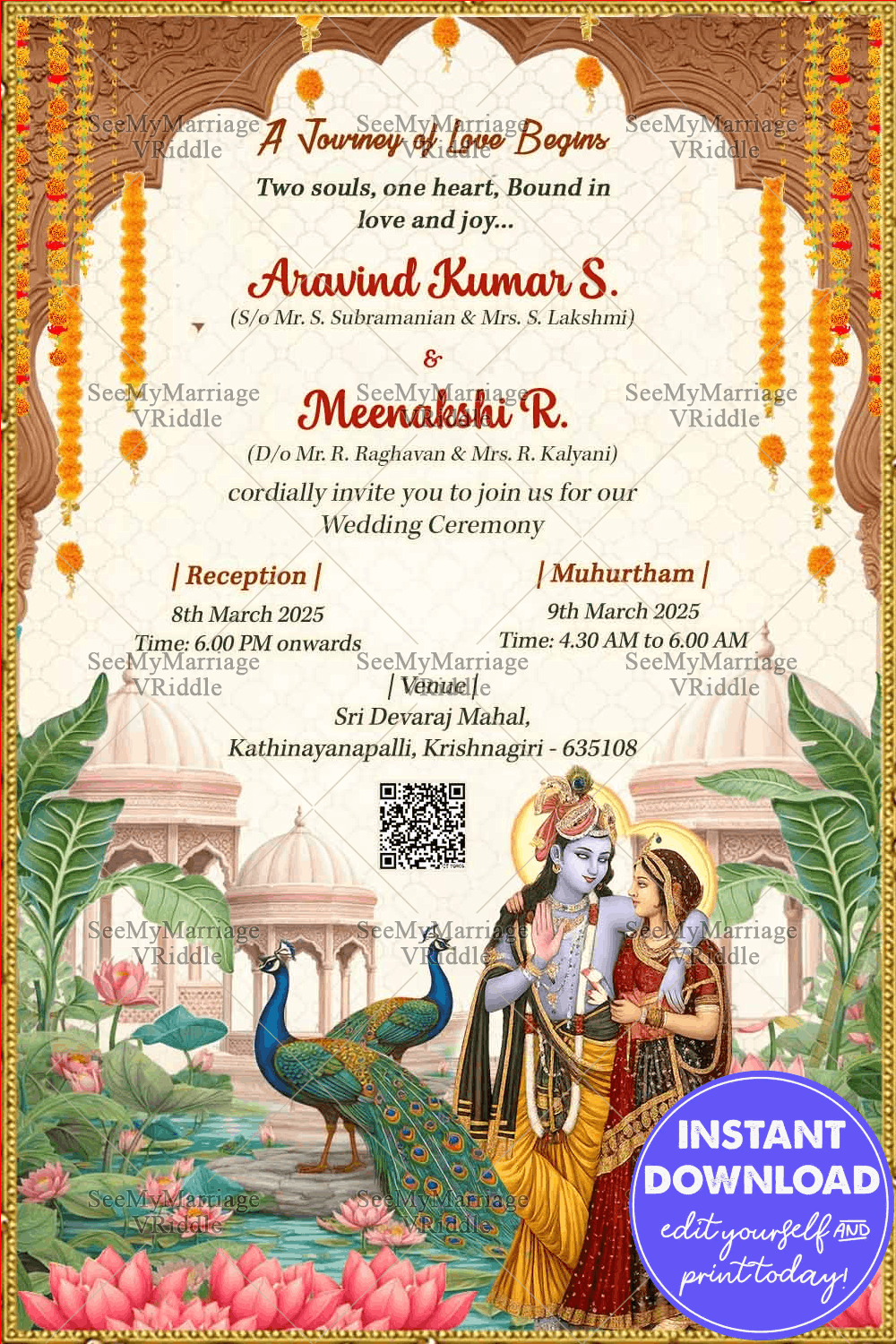 Radha-Krishna Wedding Invitation with Royal Palace and Ornate Arch, Marigold Garlands, Peacock Garden & Divine Illustration