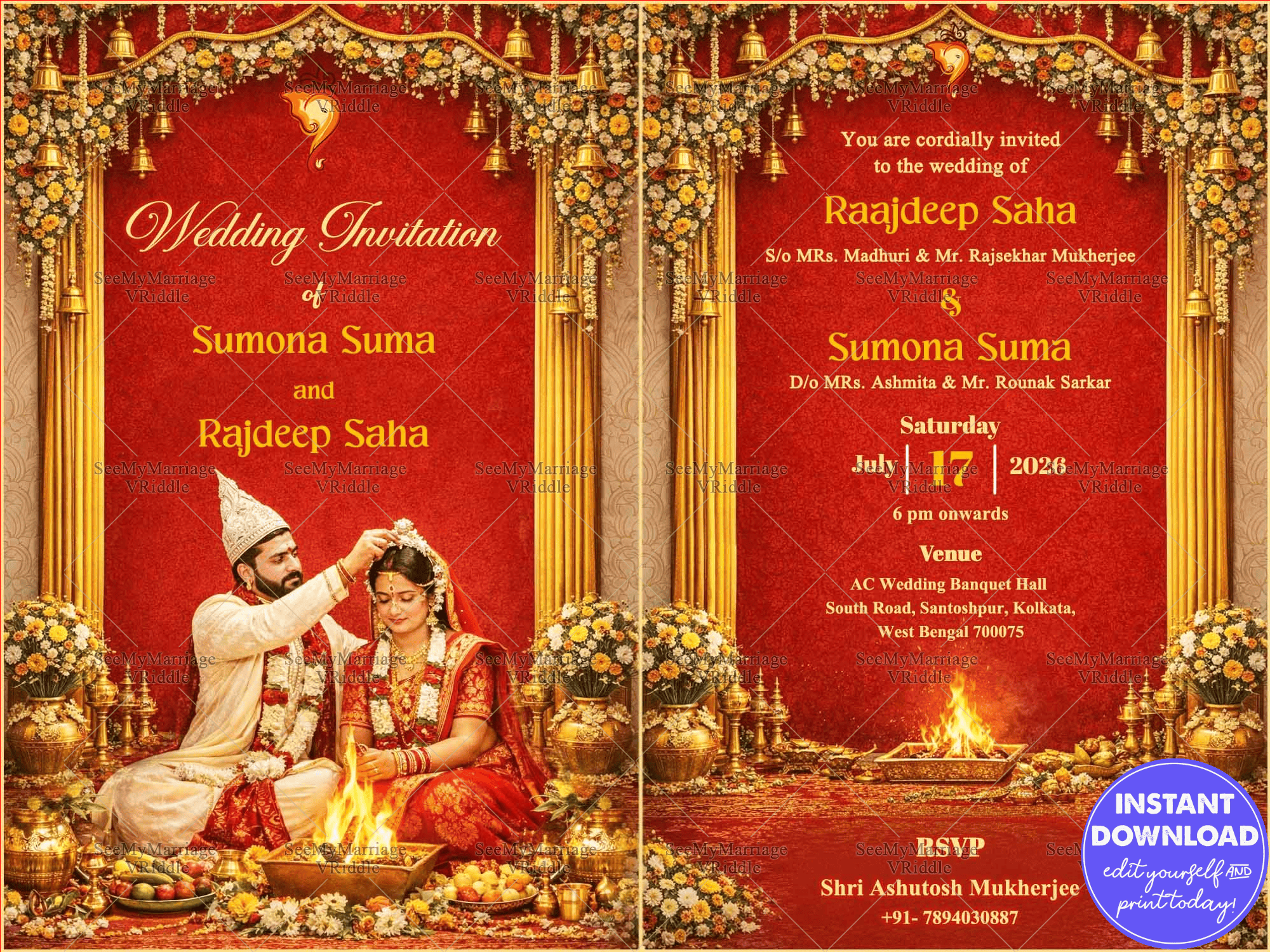 Red & Gold Bengali Wedding Invitation with Floral Mandap, Sacred Agni Kund & Regal Bridal Ceremony Illustration