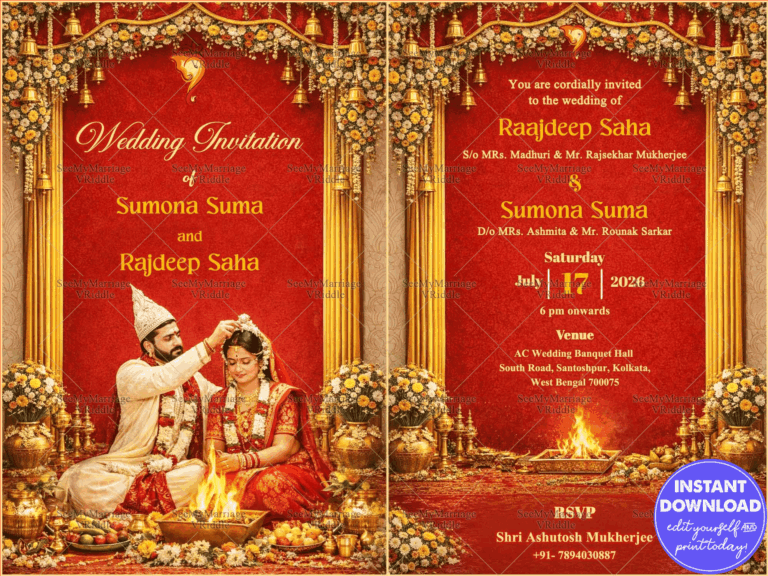 Red & Gold Bengali Wedding Invitation with Floral Mandap, Sacred Agni Kund & Regal Bridal Ceremony Illustration