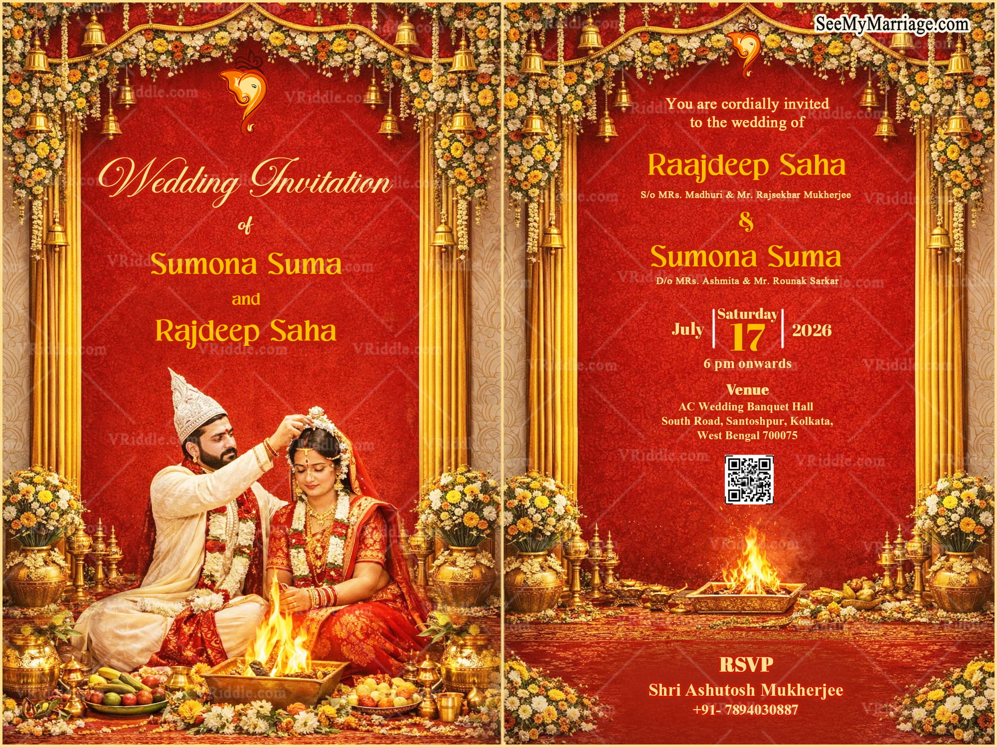 Red & Gold Bengali Wedding Invitation with Floral Mandap, Sacred Agni Kund & Regal Bridal Ceremony Illustration