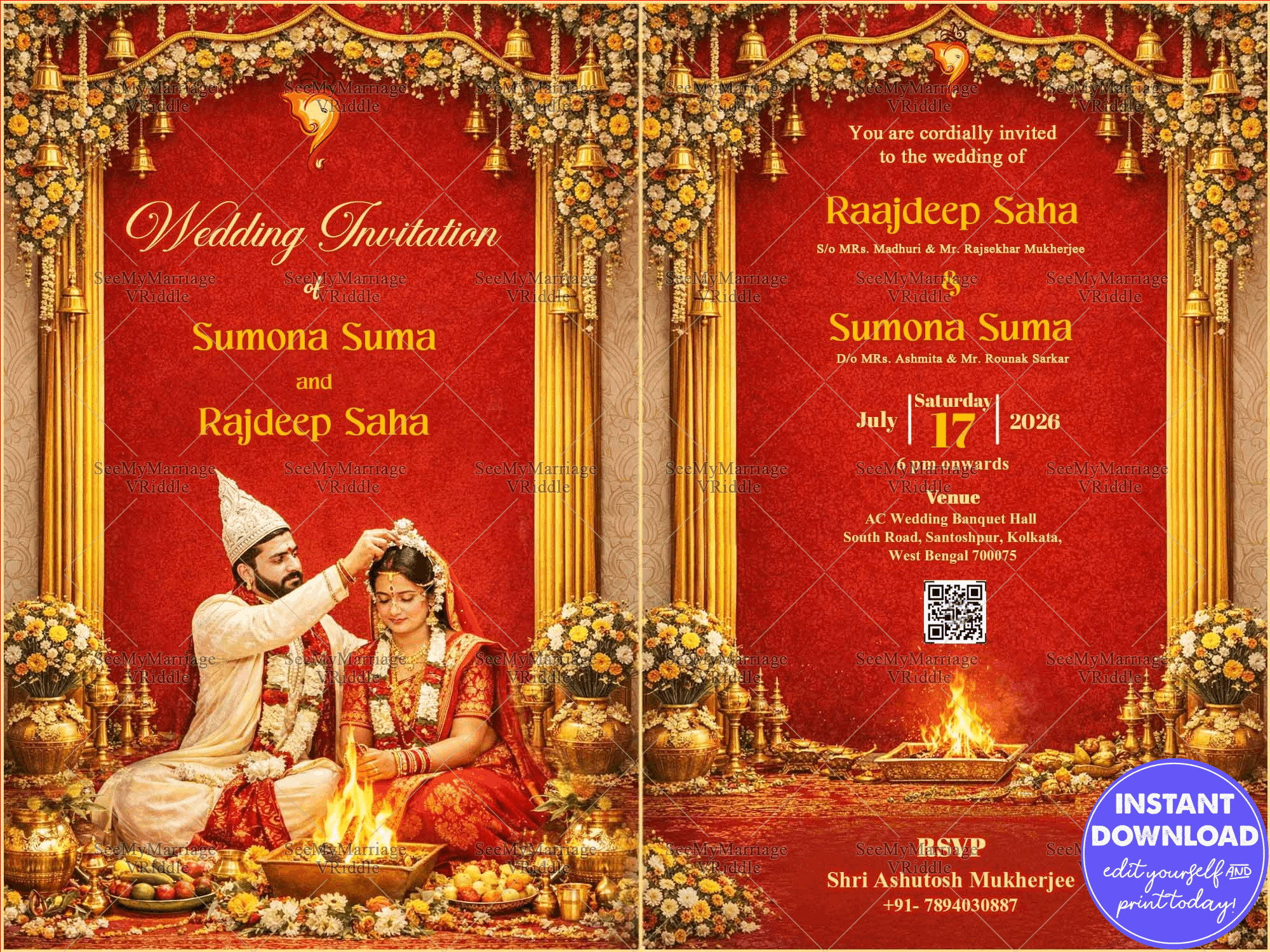 Red & Gold Bengali Wedding Invitation with Floral Mandap, Sacred Agni Kund & Regal Bridal Ceremony Illustration