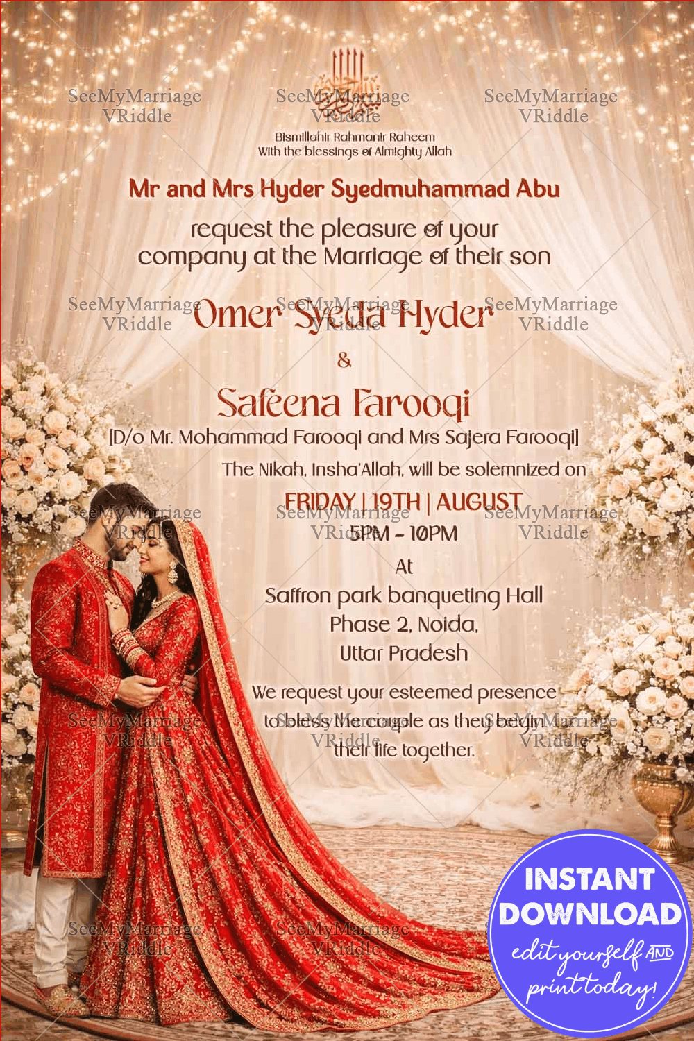 Red & Gold Nikkah Invitation with Soft Draped Florals, Warm Fairy Lights & Regal Red Bride–Groom Portrait