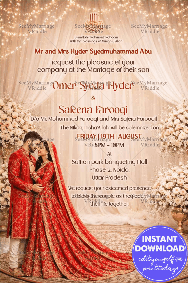 Red & Gold Nikkah Invitation with Soft Draped Florals, Warm Fairy Lights & Regal Red Bride–Groom Portrait