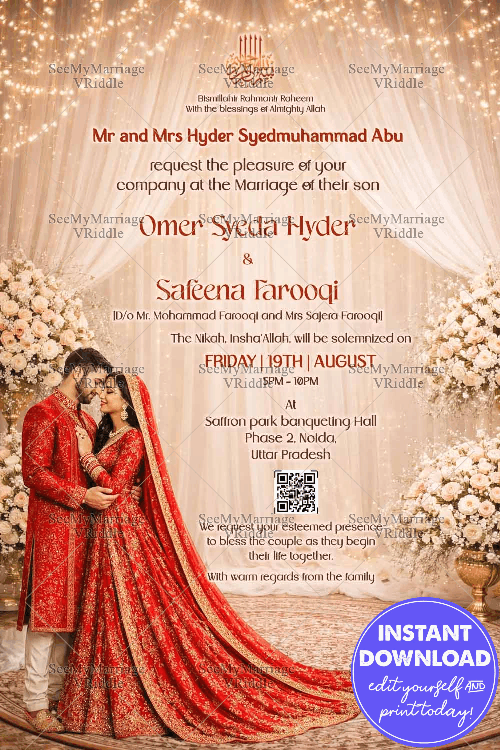 Red & Gold Nikkah Invitation with Soft Draped Florals, Warm Fairy Lights & Regal Red Bride–Groom Portrait