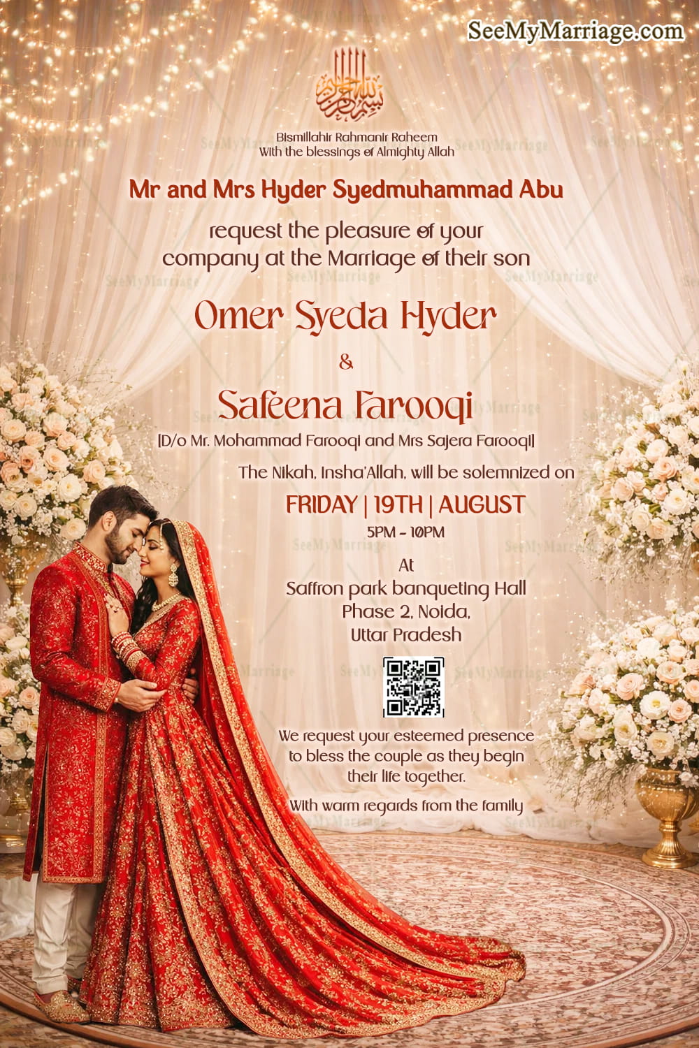 Red & Gold Nikkah Invitation with Soft Draped Florals, Warm Fairy Lights & Regal Red Bride–Groom Portrait