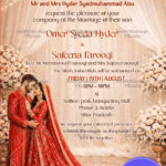 Red & Gold Nikkah Invitation with Soft Draped Florals, Warm Fairy Lights & Regal Red Bride–Groom Portrait