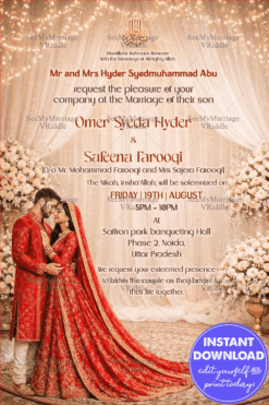 Red & Gold Nikkah Invitation with Soft Draped Florals, Warm Fairy Lights & Regal Red Bride–Groom Portrait