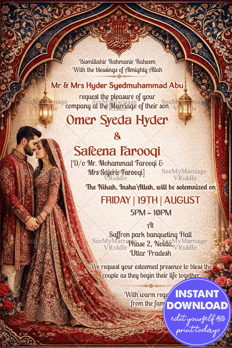 Red & Gold Royal Nikkah Invitation with Ornate Islamic Arch, Hanging Lanterns & Regal Bride–Groom Illustration