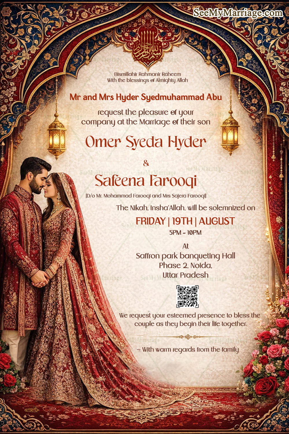 Red & Gold Royal Nikkah Invitation with Ornate Islamic Arch, Hanging Lanterns & Regal Bride–Groom Illustration