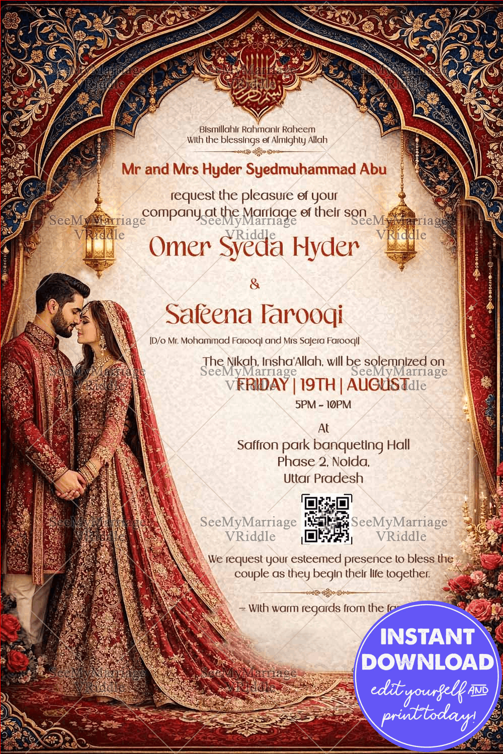 Red & Gold Royal Nikkah Invitation with Ornate Islamic Arch, Hanging Lanterns & Regal Bride–Groom Illustration