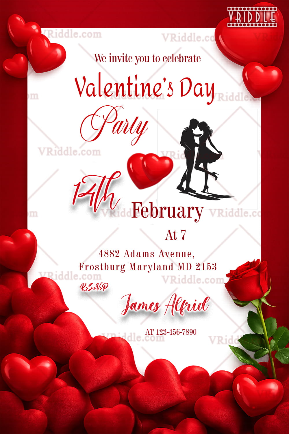Red Heart Valentine’s Day Party Invitation with Elegant Script, Rose Accent & Romantic Frame