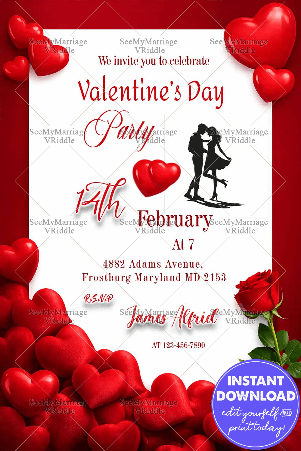 Red Heart Valentine’s Day Party Invitation with Elegant Script, Rose Accent & Romantic Frame