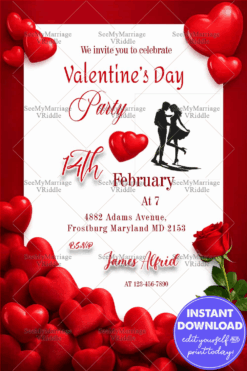 Red Heart Valentine’s Day Party Invitation with Elegant Script, Rose Accent & Romantic Frame