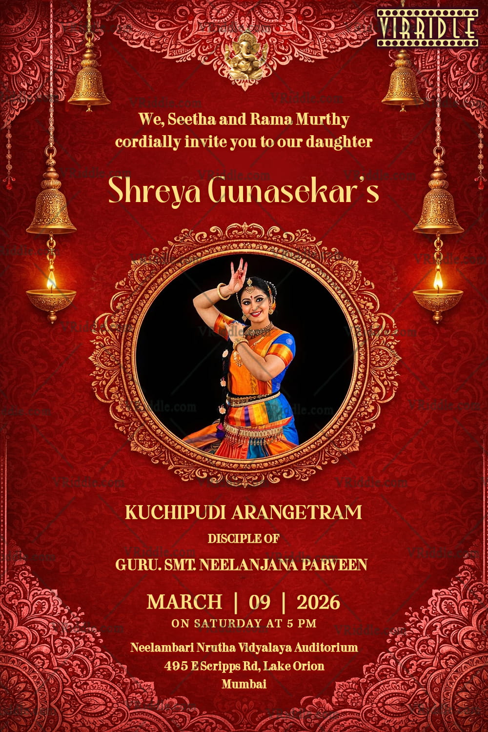 Red kuchipudi Arangetram Invitation with Add Image Option and Ornate Gold Frame, Temple Bells