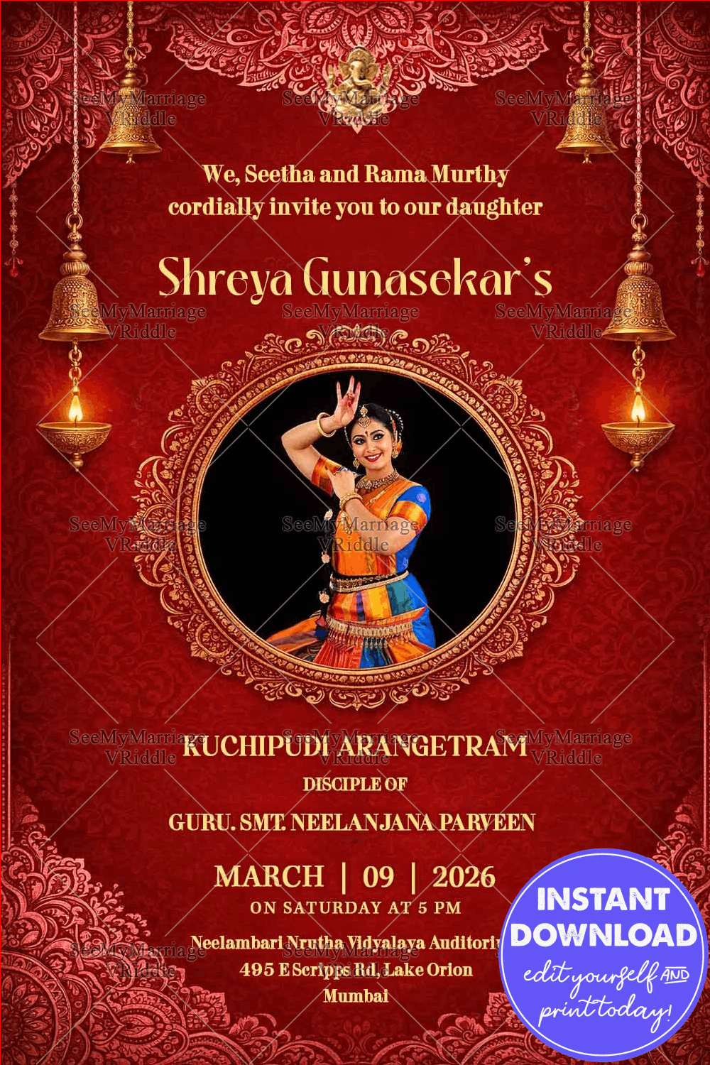 Red kuchipudi Arangetram Invitation with Add Image Option and Ornate Gold Frame, Temple Bells