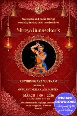 Red kuchipudi Arangetram Invitation with Add Image Option and Ornate Gold Frame, Temple Bells