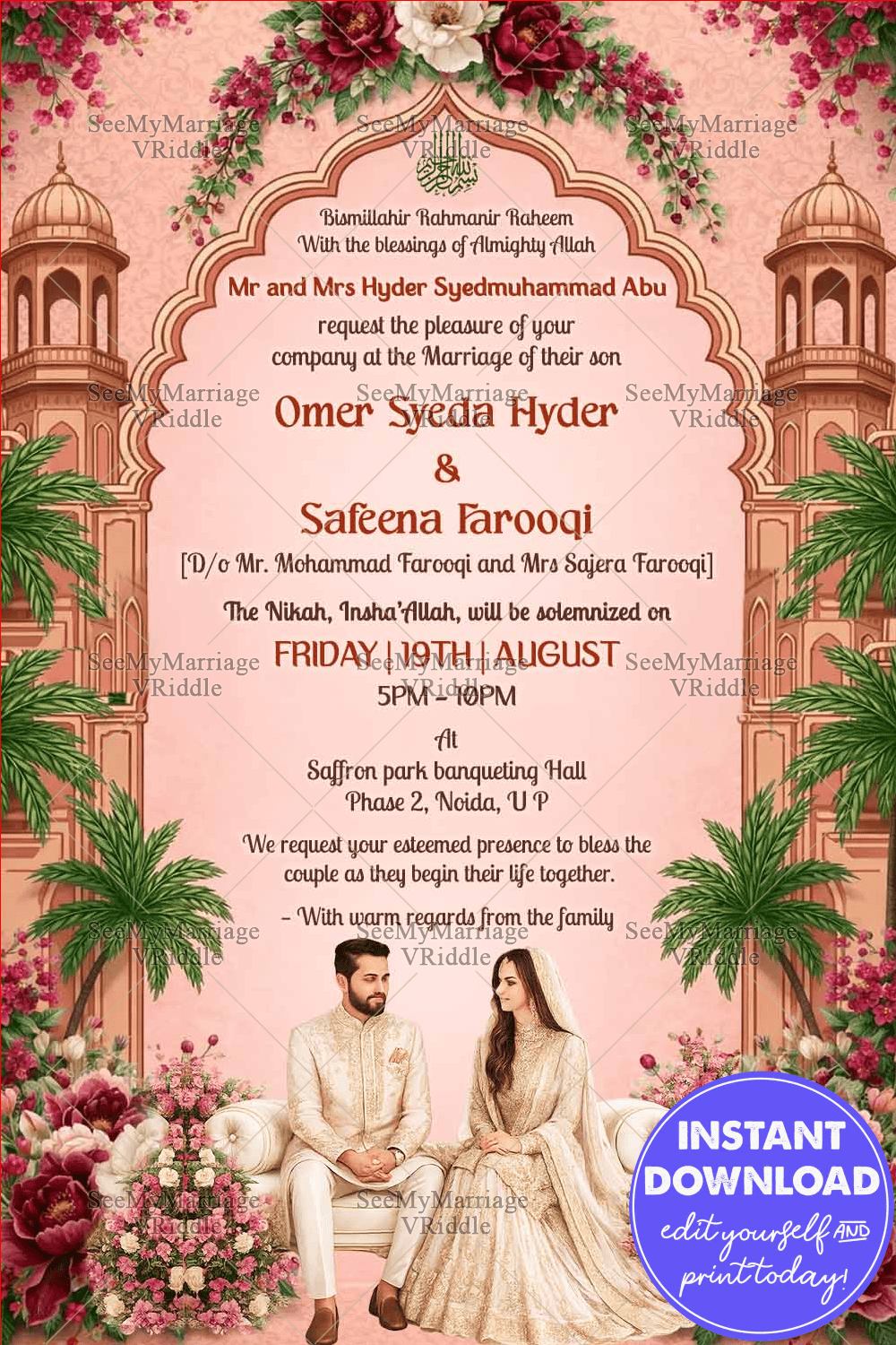 Regal Palace-Themed Nikkah Invitation with Floral Mughal Arch, Quranic Calligraphy & Elegant Couple Illustration