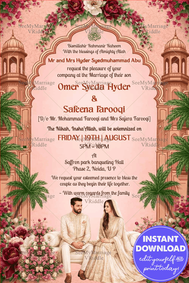 Regal Palace-Themed Nikkah Invitation with Floral Mughal Arch, Quranic Calligraphy & Elegant Couple Illustration
