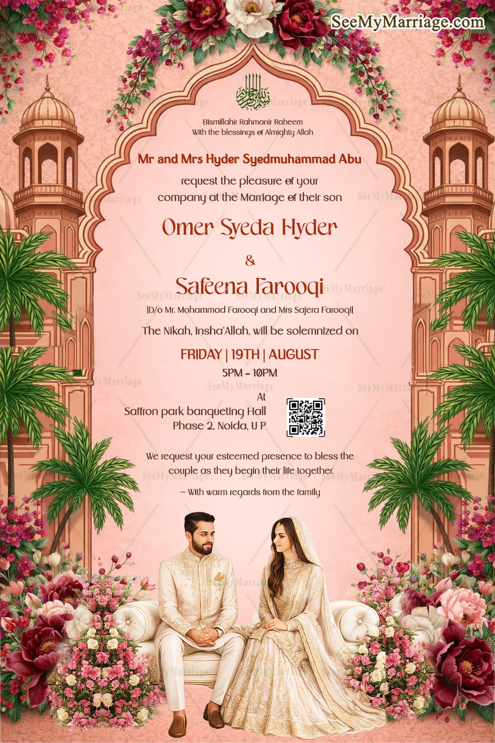 Regal Palace-Themed Nikkah Invitation with Floral Mughal Arch, Quranic Calligraphy & Elegant Couple Illustration