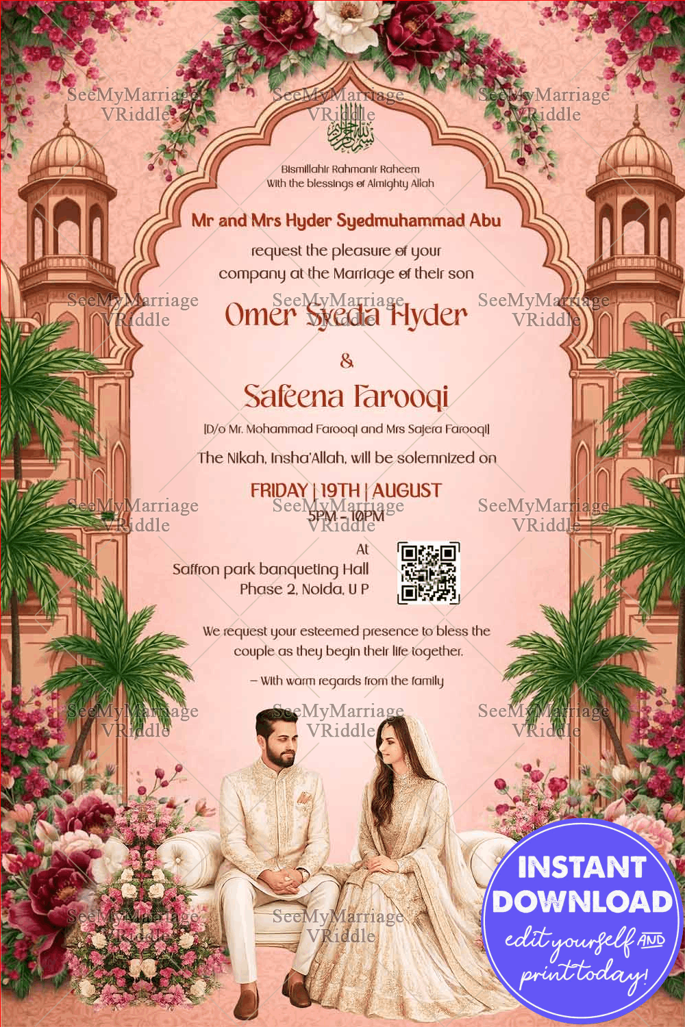 Regal Palace-Themed Nikkah Invitation with Floral Mughal Arch, Quranic Calligraphy & Elegant Couple Illustration