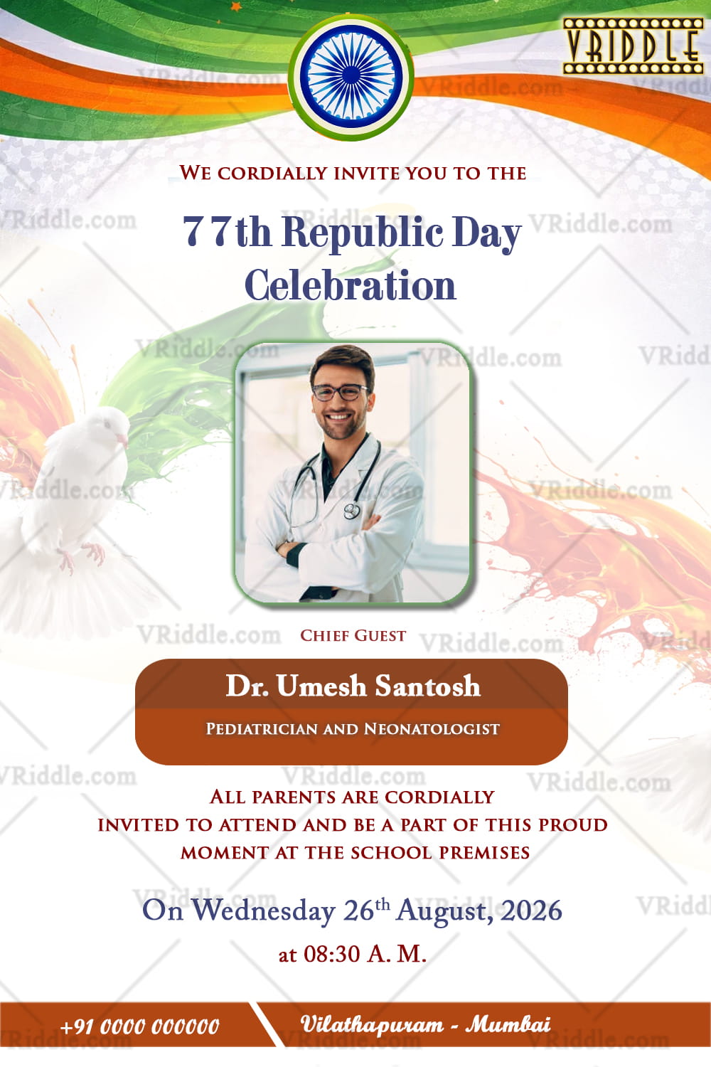 Republic Day Invitation Tricolour with Ashoka Chakra, Chief Guest Highlight & Soft Paint-Stroke Accents