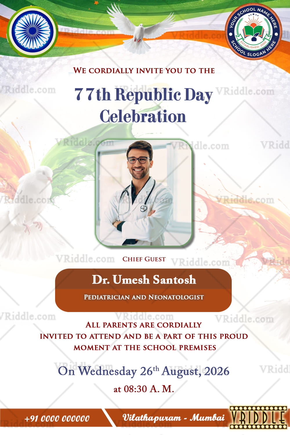 Republic Day Invitation Tricolour with Ashoka Chakra, Chief Guest Highlight & Soft Paint-Stroke Accents