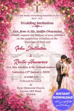 Romantic Pink Floral Christian Wedding Banner with Cross Motif, Scripture Quote & Watercolour Couple Illustration