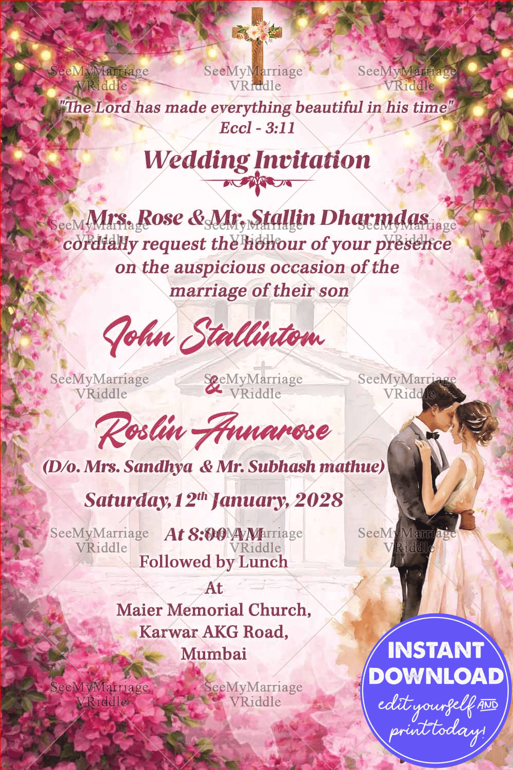 Romantic Pink Floral Christian Wedding Banner with Cross Motif, Scripture Quote & Watercolour Couple Illustration