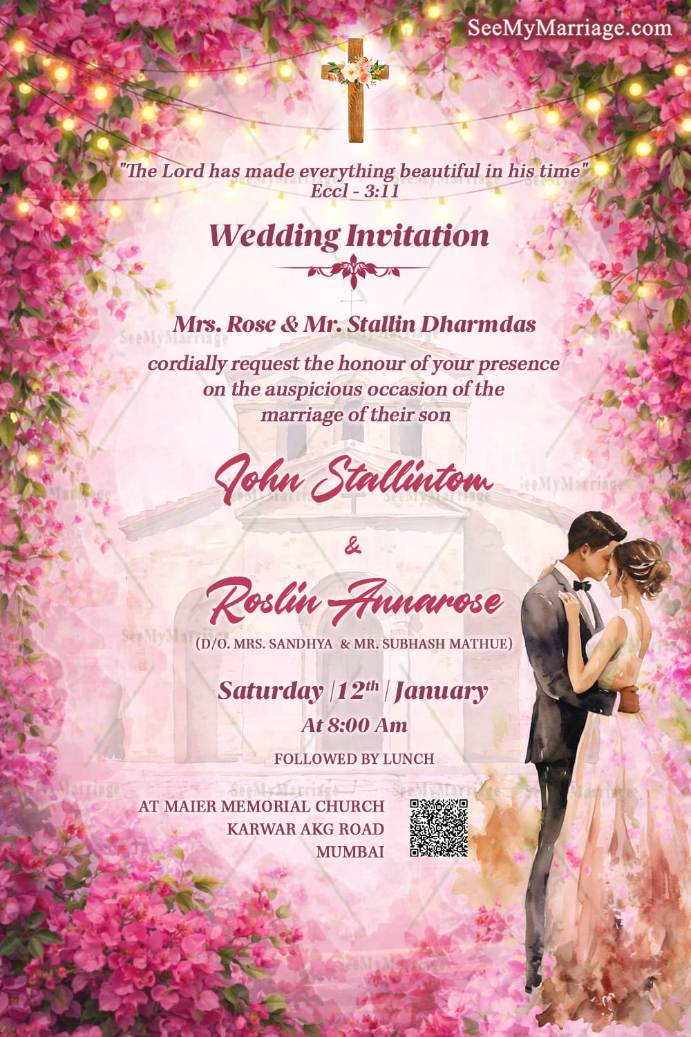 Romantic Pink Floral Christian Wedding Banner with Cross Motif, Scripture Quote & Watercolour Couple Illustration