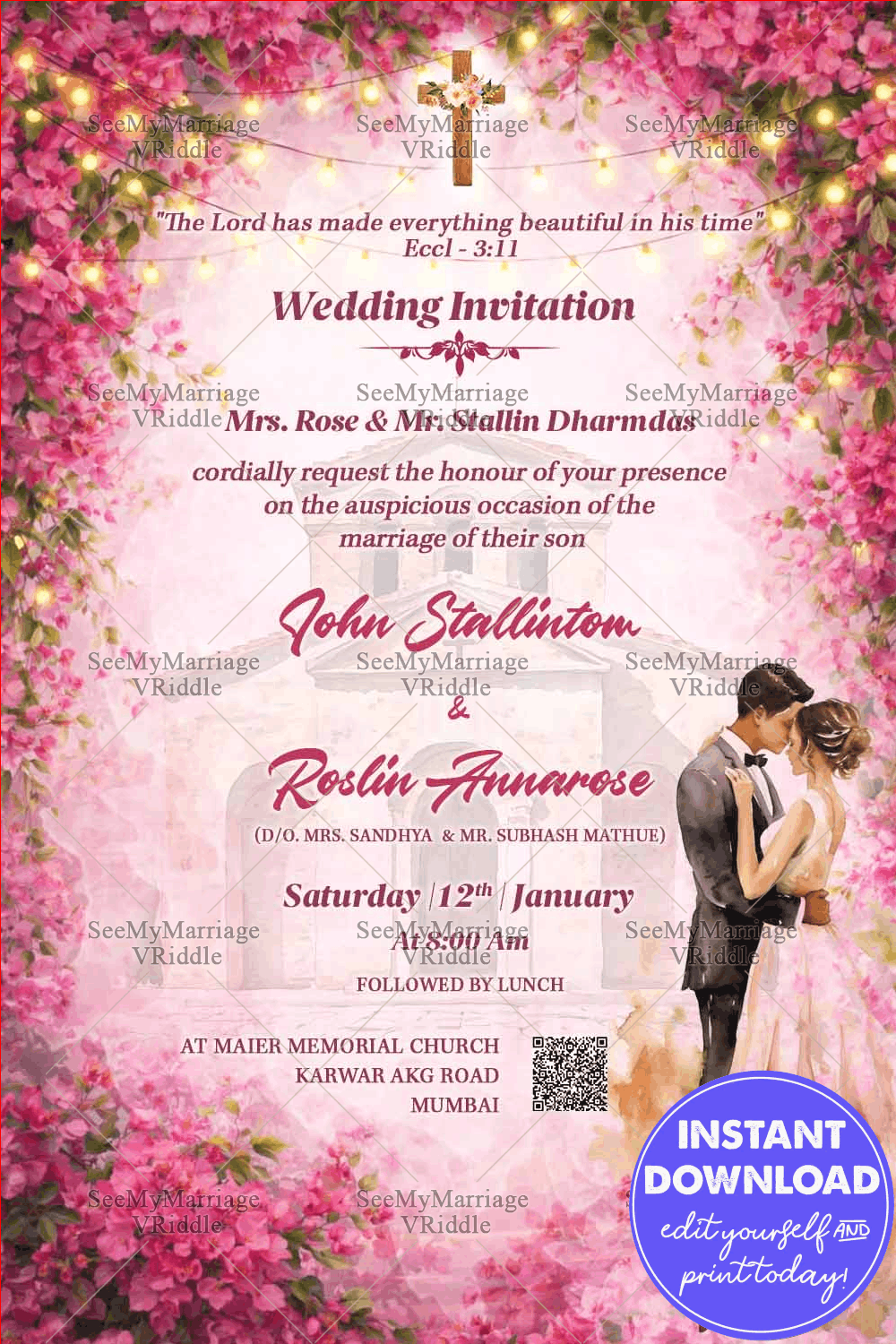 Romantic Pink Floral Christian Wedding Banner with Cross Motif, Scripture Quote & Watercolour Couple Illustration