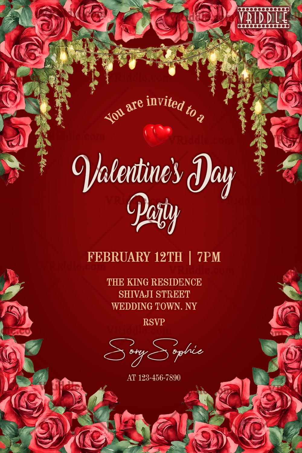 Rose Garland Valentine’s Day Party Invitation with Fairy Lights & Elegant Script
