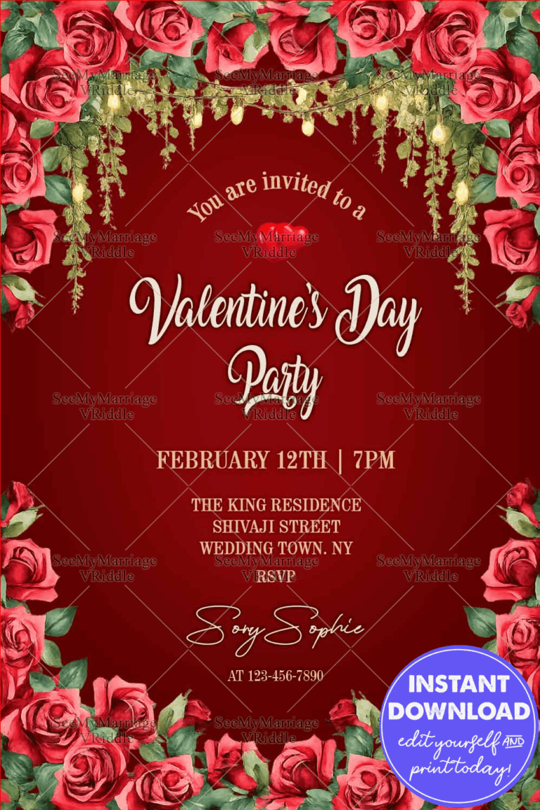 Rose Garland Valentine’s Day Party Invitation with Fairy Lights & Elegant Script