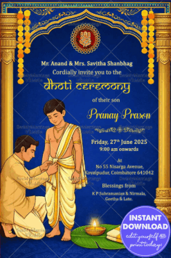 Royal Blue Dhoti Ceremony Invitation with Golden Temple Pillars, Sacred Dhoti Ritual & Traditional Vedic Motifs