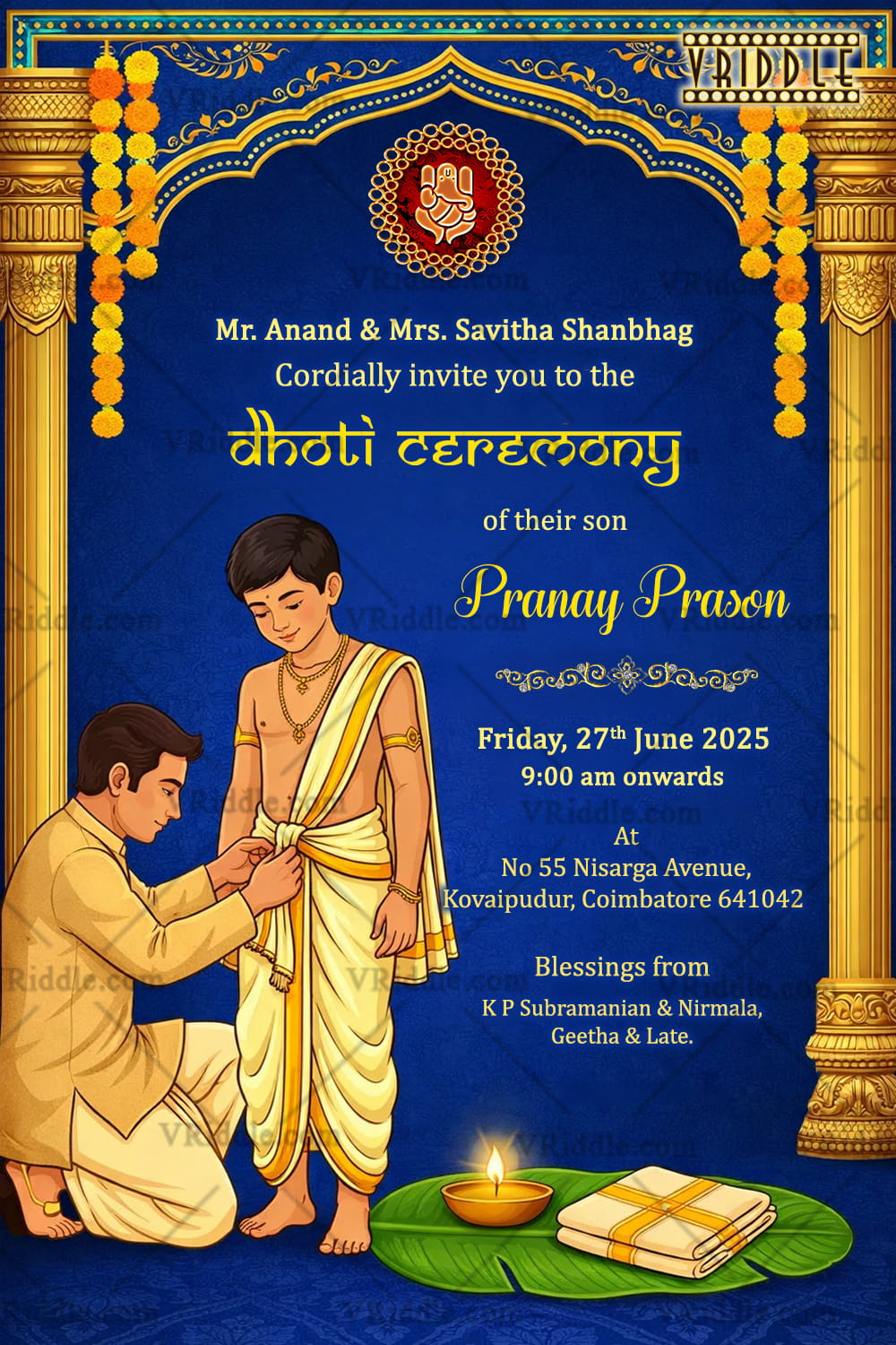 Royal Blue Dhoti Ceremony Invitation with Golden Temple Pillars, Sacred Dhoti Ritual & Traditional Vedic Motifs